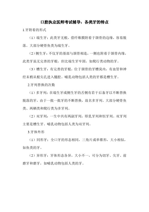 口腔执业医师考试辅导：各类牙的特点