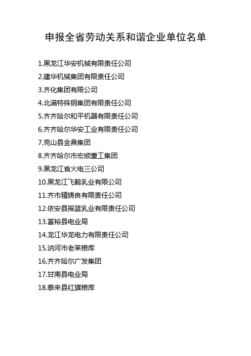 申报全省劳动关系和谐企业单位名单
