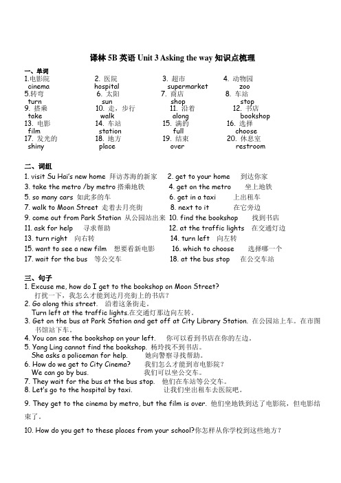 【译林版】5B英语Unit 3 Asking the way知识点梳理