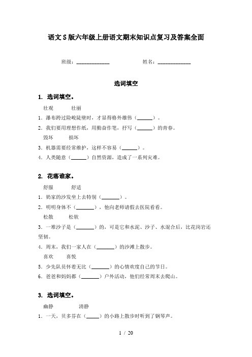 语文S版六年级上册语文期末知识点复习及答案全面