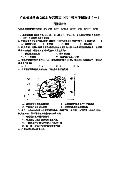 广东省汕头市2013年普通高中高三教学质量测评(一)理科综合