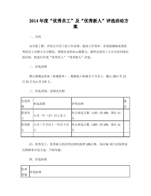 2014年度“优秀员工”及“优秀新人”评选活动方案