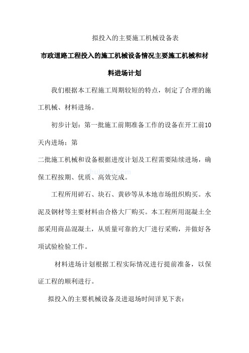 市政道路工程投入的施工机械设备情况主要施工机械和材料进场计划