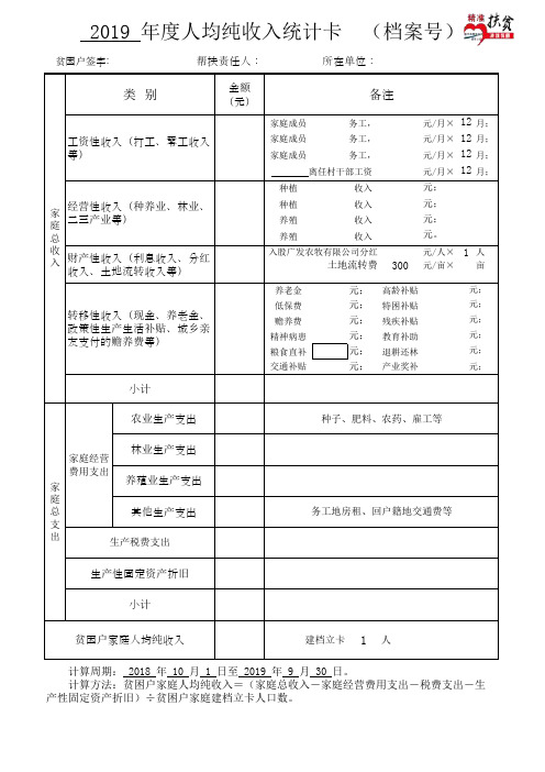 贫困户年度人均纯收入统计卡