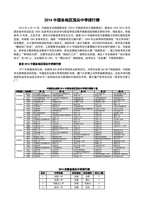 2014中国各地区顶尖中学排行榜