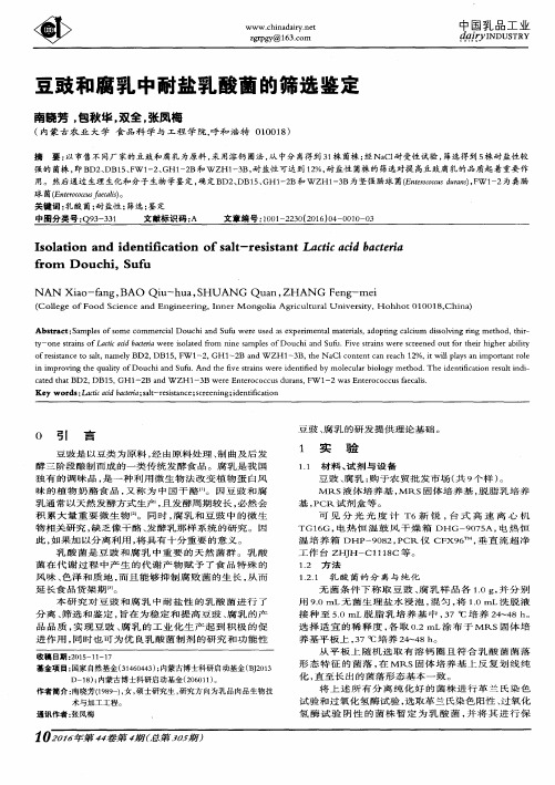 豆豉和腐乳中耐盐乳酸菌的筛选鉴定
