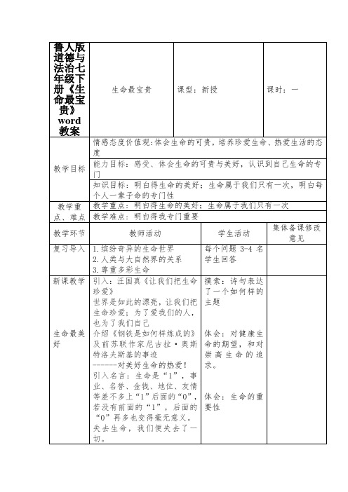 鲁人版道德与法治七年级下册《生命最宝贵》word教案