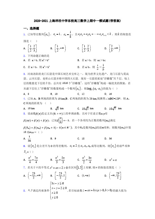 2020-2021上海洋泾中学东校高三数学上期中一模试题(带答案)