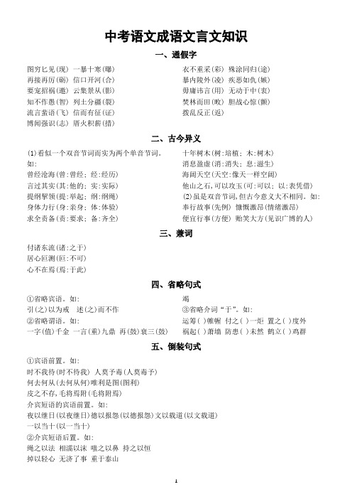 初中语文中考复习成语中的文言文知识(通假字+古今异义+兼词+省略句式+倒装句式+词类活用)