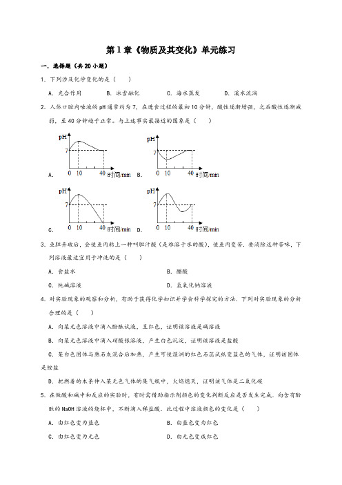 浙教版九年级科学上册第1章《物质及其变化》单元练习(原卷版+解析)