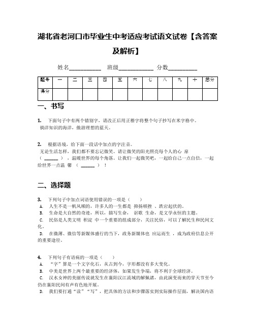 湖北省老河口市毕业生中考适应考试语文试卷【含答案及解析】