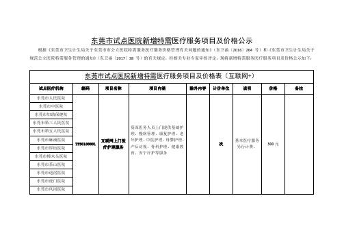 东莞市试点医院新增特需医疗服务项目及价格公示