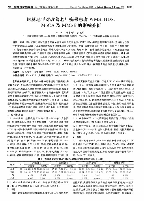 尼莫地平对改善老年痴呆患者WMS、HDS、MoCA及MMSE的影响分析