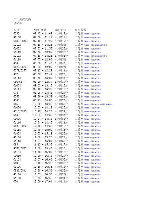 广州到武汉高铁时刻表