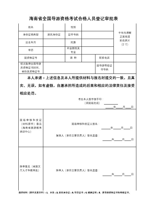 海南省全国导游资格考试合格人员登记审批表【模板】