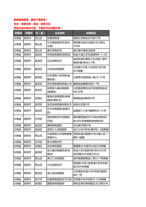 新版云南省昆明市宠物医院企业公司商家户名录单联系方式地址大全267家