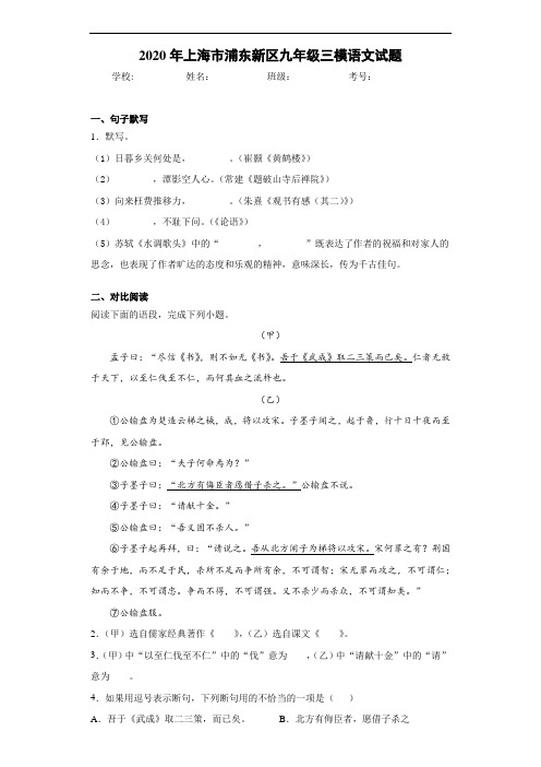 2020年上海市浦东新区九年级三模语文试题