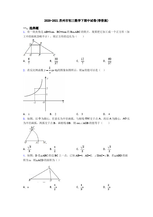 2020-2021苏州市初三数学下期中试卷(带答案)