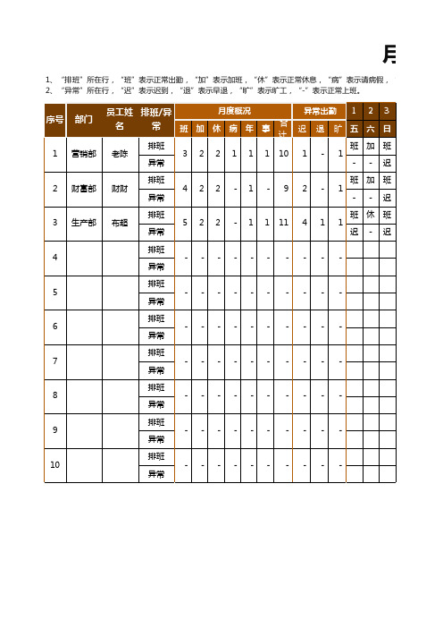 月度排班考勤表