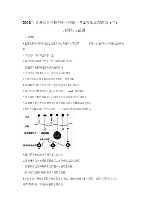 衡水金卷2018年普通高等学校招生全国统一考试模拟(调研卷)试题(二)理综试题+版含答案