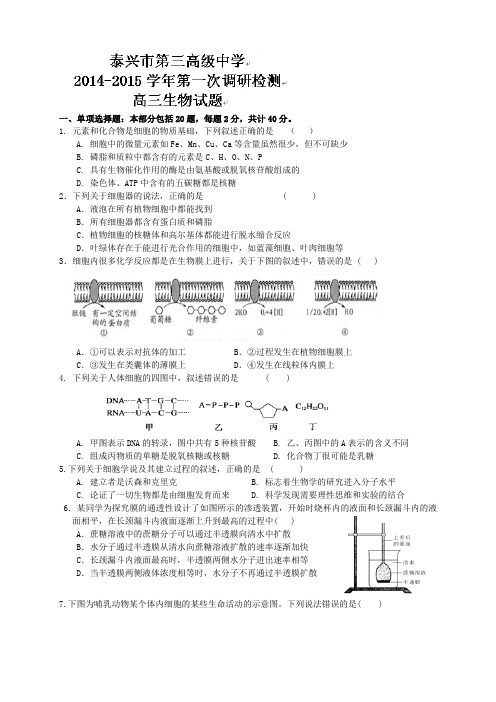 江苏省泰兴市第三高级中学高三上学期第一次质量检测生物试题