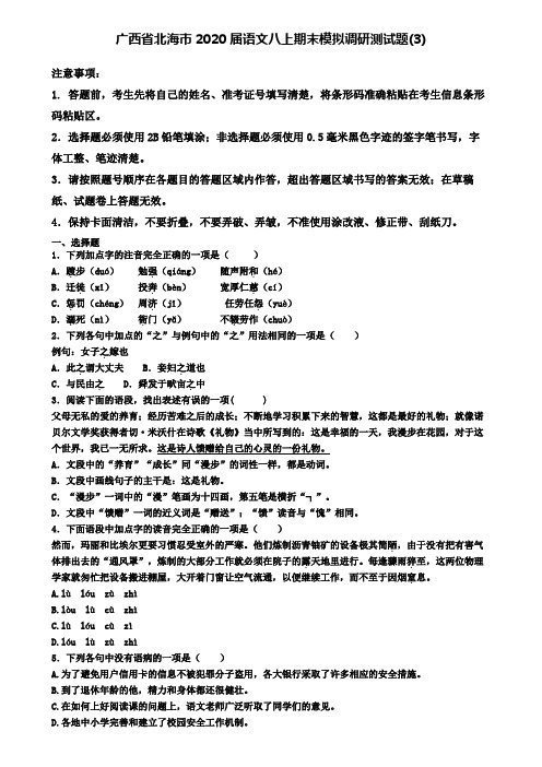 广西省北海市2020届语文八上期末模拟调研测试题(3)