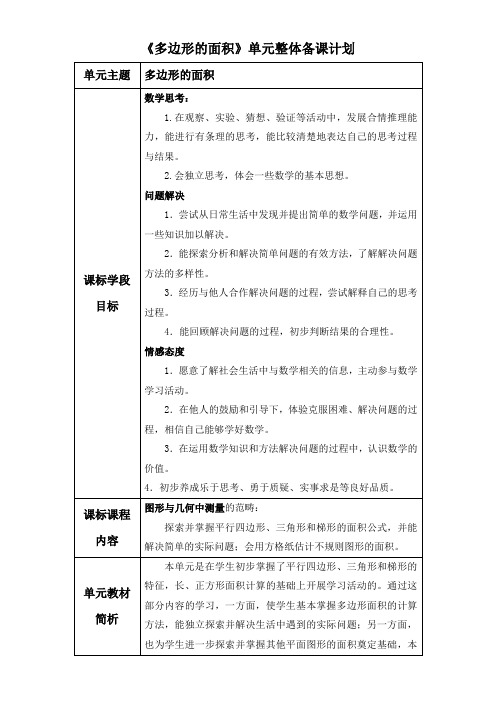 北师大版五年级数学上册《多边形的面积》单元整体备课计划