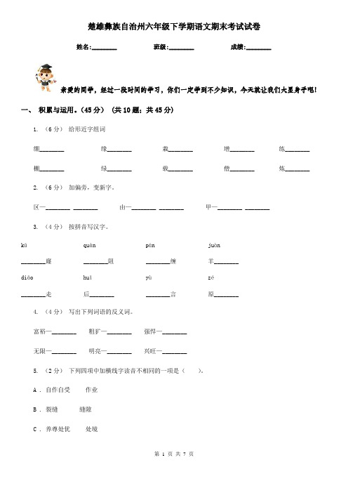 楚雄彝族自治州六年级下学期语文期末考试试卷