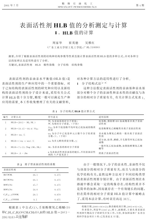 表面活性剂HLB值的分析测定与计算Ⅱ.+HLB值的计算