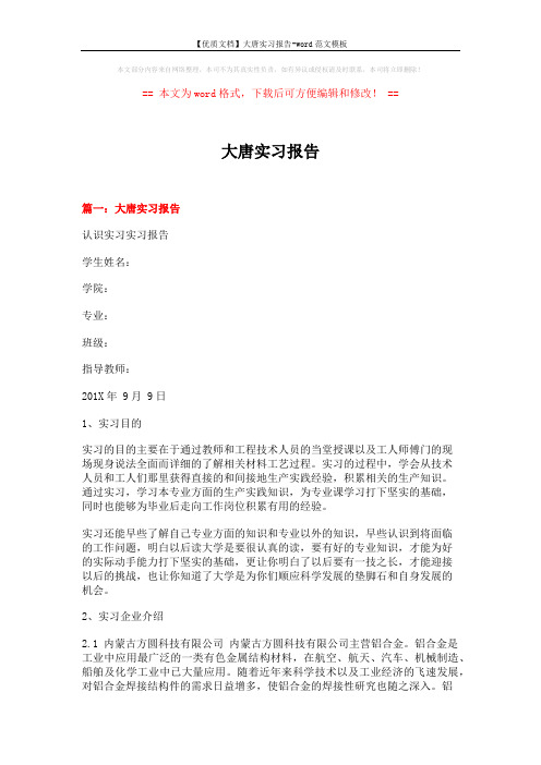 【优质文档】大唐实习报告-word范文模板 (9页)