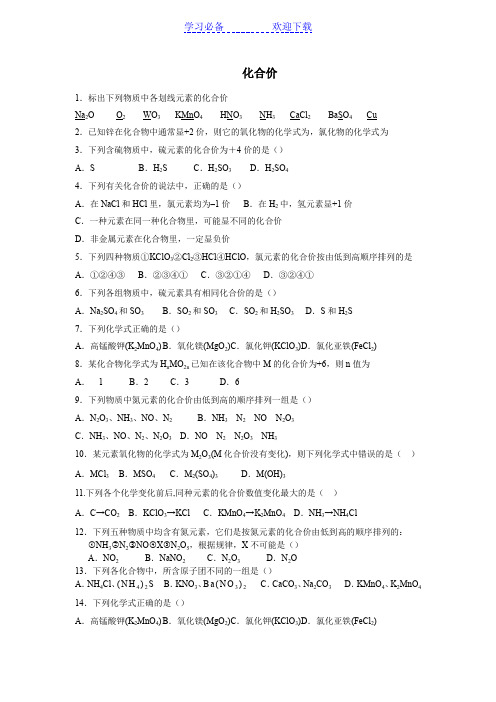 初中化学化合价练习题