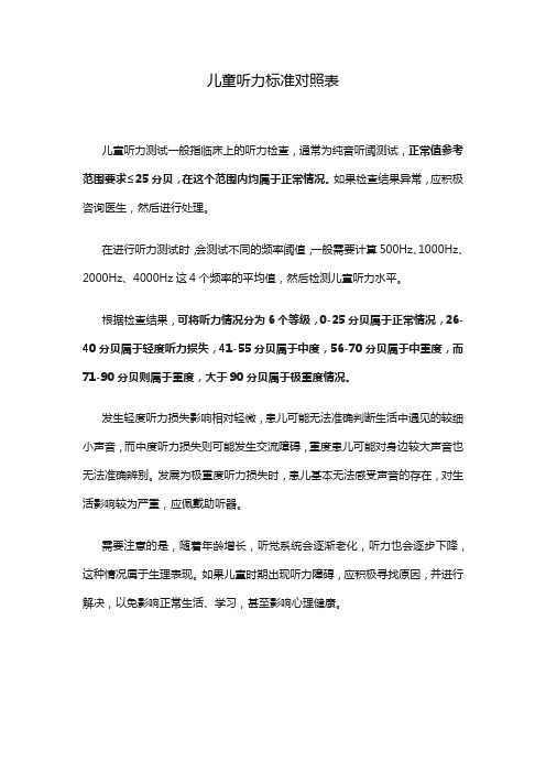 儿童听力标准对照表