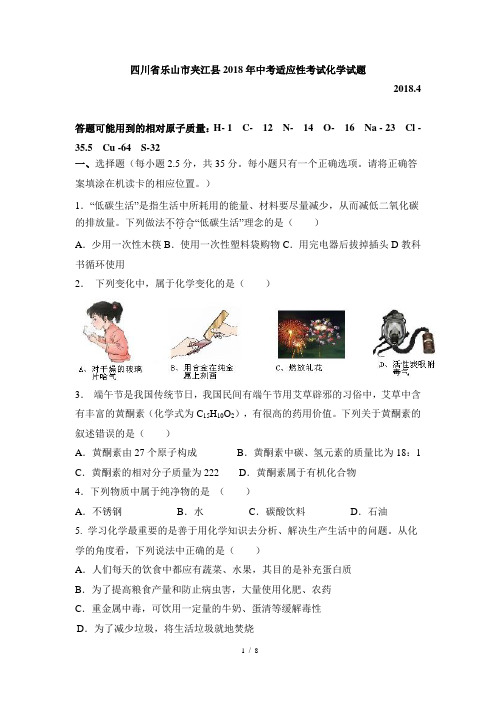 四川省乐山市夹江县2018年中考适应性考试化学试题(word版,含答案)