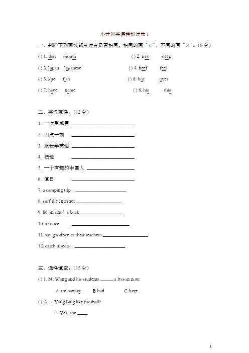 2019小升初英语试卷及答案(18套)