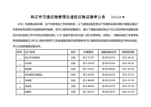 吴江市交通运输管理处道路运输证催审公告