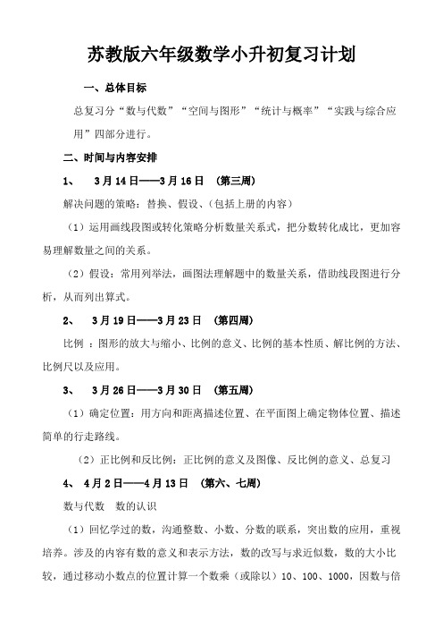 苏教版六年级数学毕业班复习计划