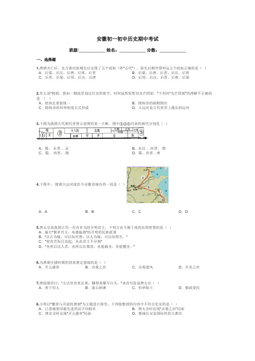 安徽初一初中历史期中考试带答案解析
