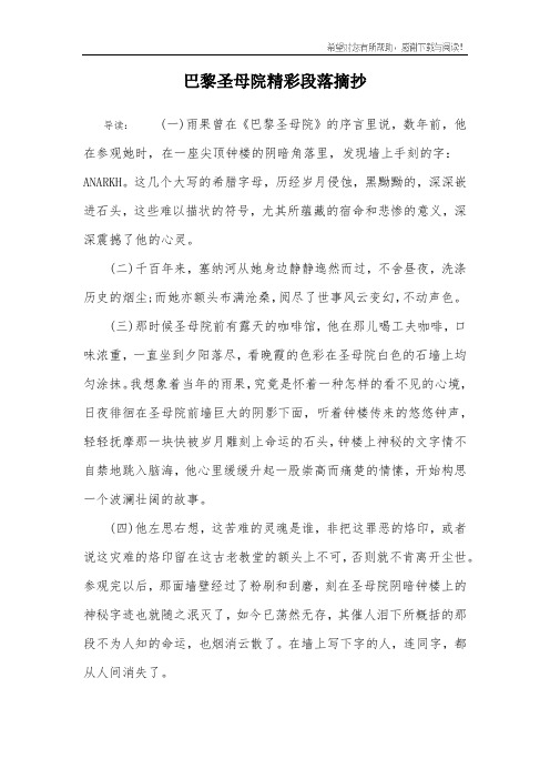 巴黎圣母院精彩段落摘抄