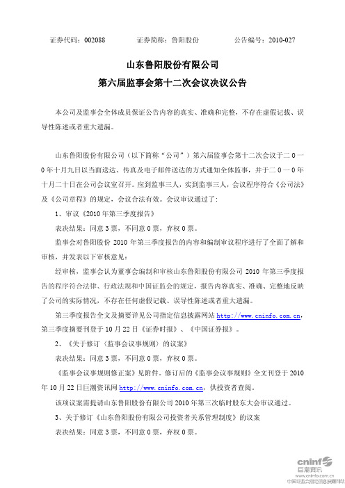 鲁阳股份：第六届监事会第十二次会议决议公告 2010-10-22