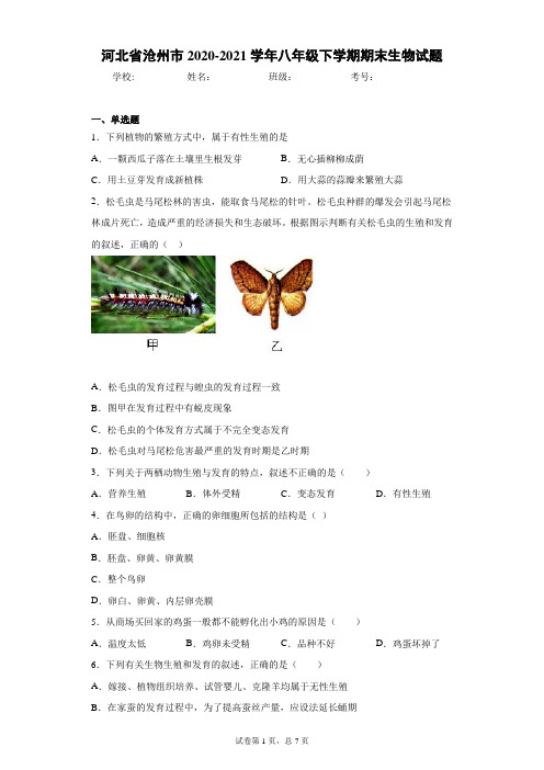 河北省沧州市2020-2021学年八年级下学期期末生物试题(word版 含答案)
