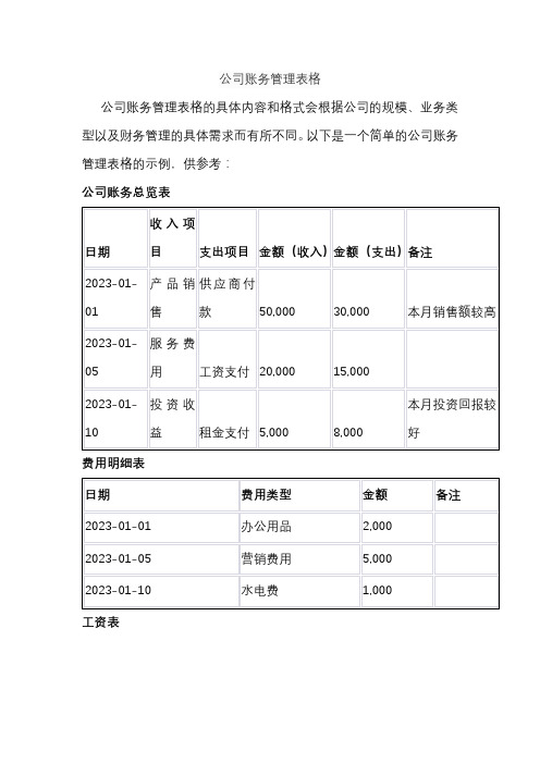 公司账务管理表格