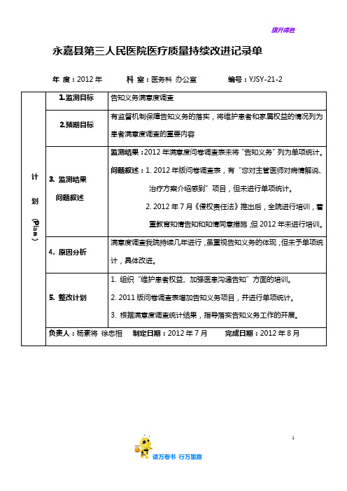 永嘉县人民医院医疗质量持续改进记录单21-7——【医院医疗 精品资源】