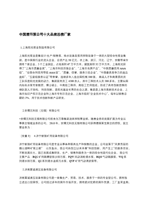 中国潜污泵公司十大品牌总榜厂家