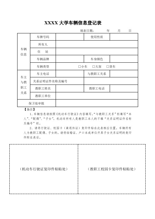 XXXX大学车辆信息登记表