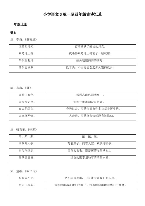 小学语文S版一至四年级古诗汇总