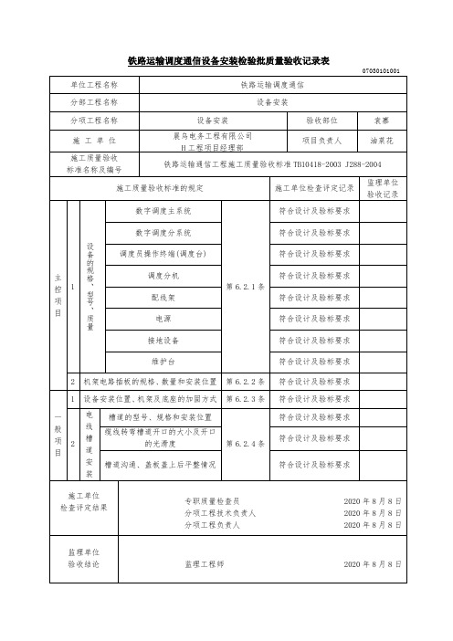 铁路运输调度通信设备安装检验批质量验收记录表