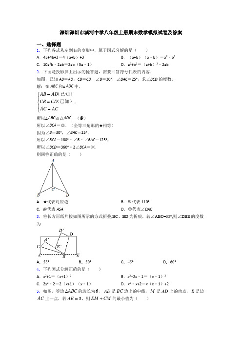 深圳深圳市滨河中学八年级上册期末数学模拟试卷及答案