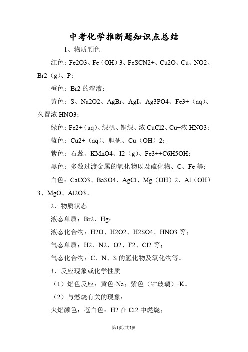 中考化学推断题知识点总结