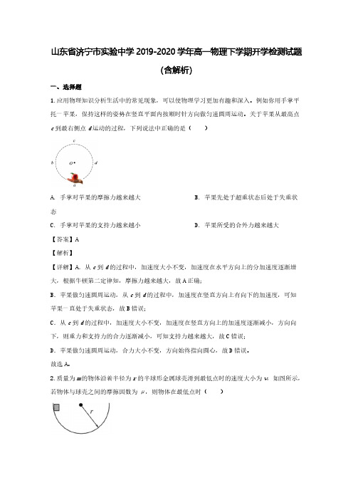 山东省济宁市实验中学2019-2020学年高一物理下学期开学检测试题(含解析)