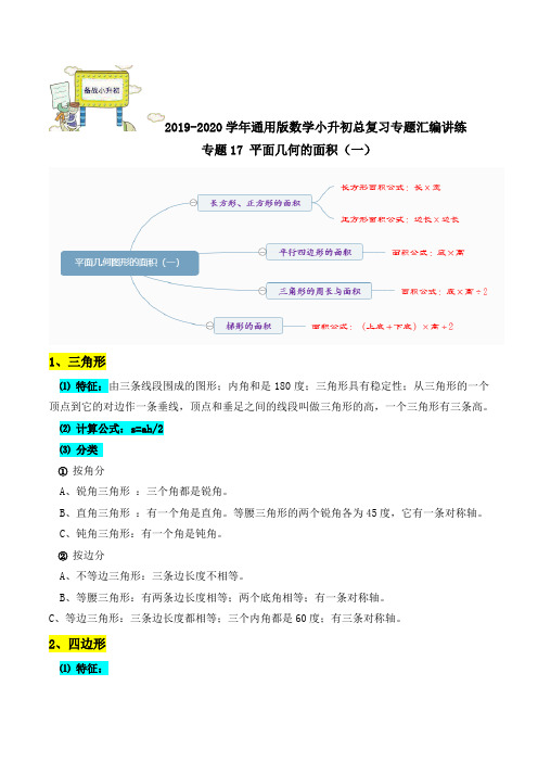 专题17：《平面几何的面积(一)》小升初数学专题讲练 (思维导图+知识点精讲+例题分析+变式训练 